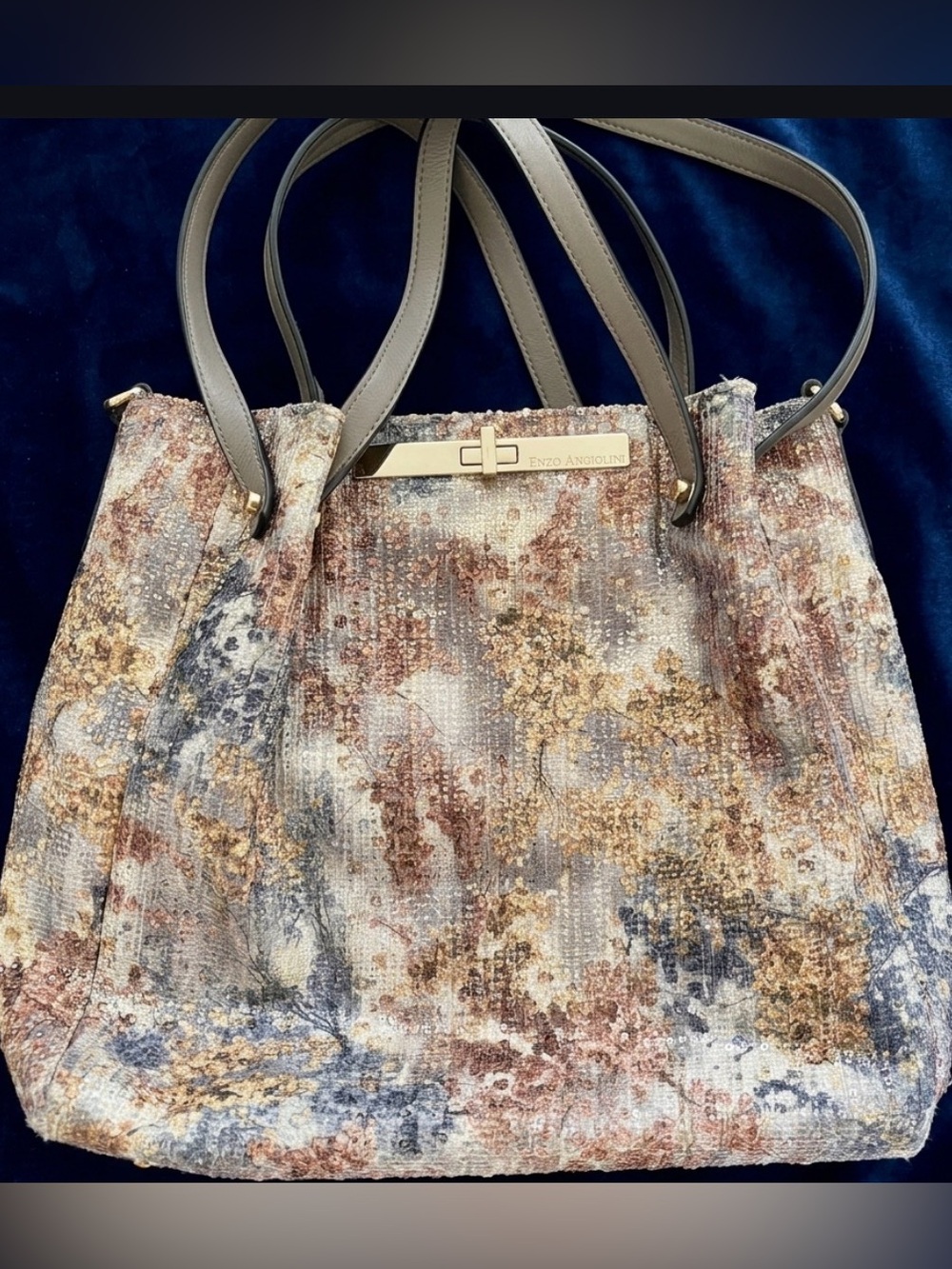 Enzo Angiolini tote with unique multicolored sequined pattern and durable straps
